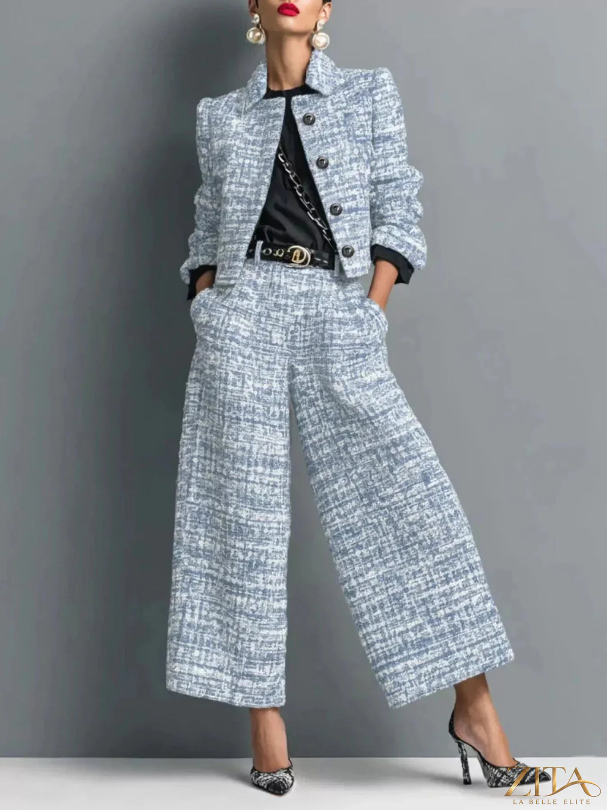 Zita La Belle Elite tweed cropped jacket and wide-leg pants two-piece set displayed on a model, stylish and sophisticated fashion ensemble.