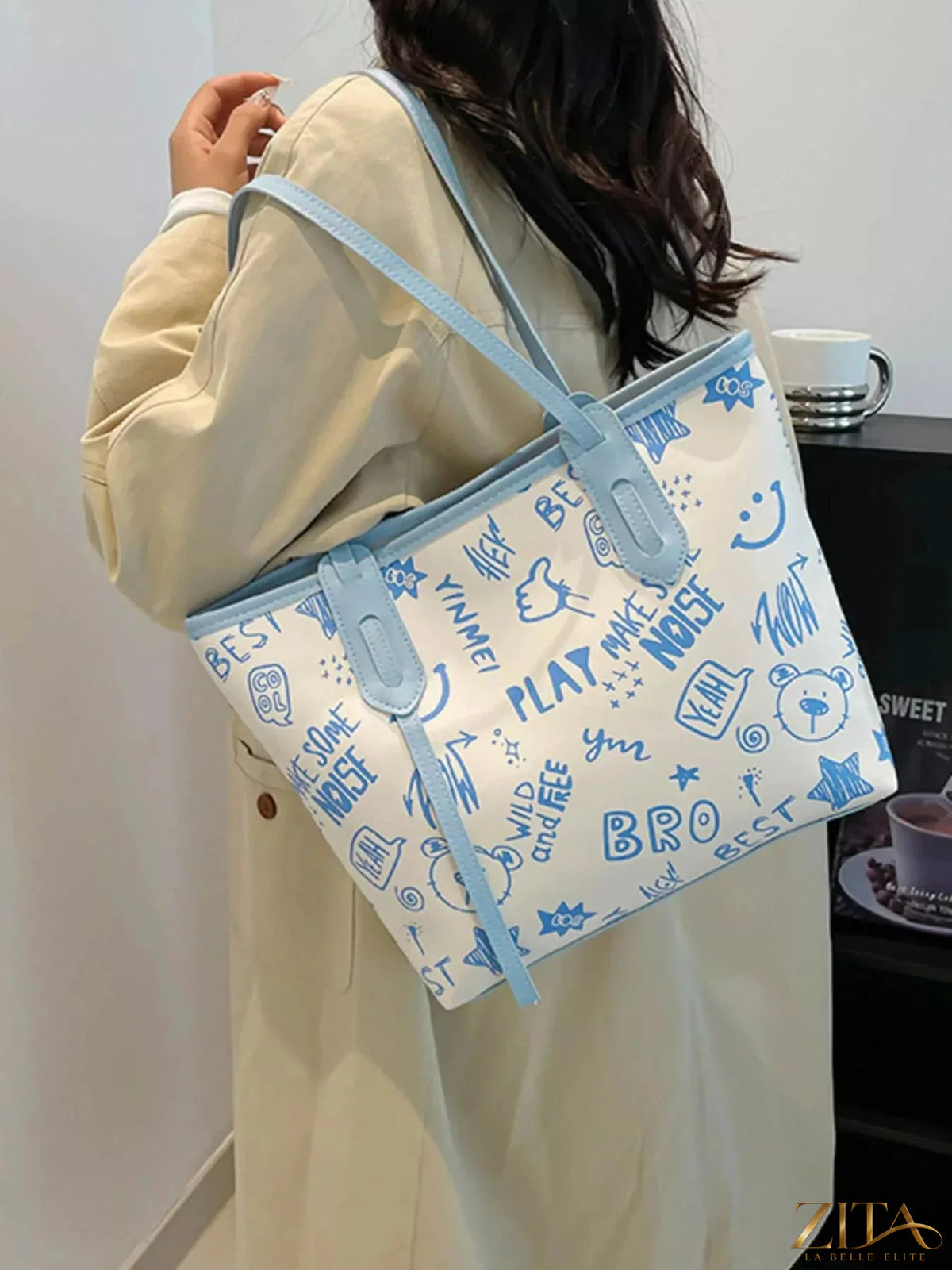 Zita La Belle Elite graffiti print casual tote bag with colorful urban graffiti design and sturdy handles.
