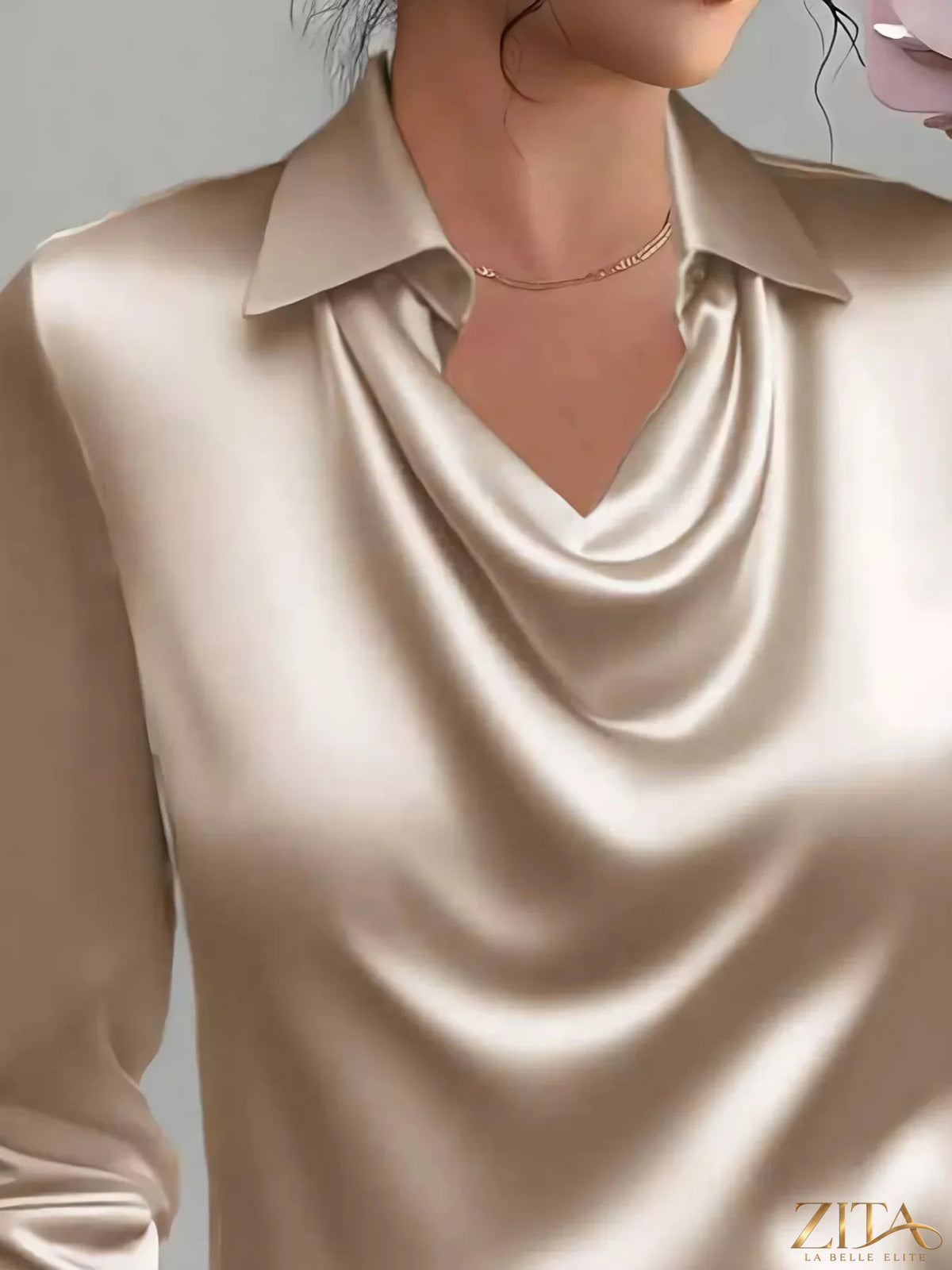 Zita La Belle Elite satin collared long sleeve blouse with a smooth, shiny fabric and a classic button-up design.