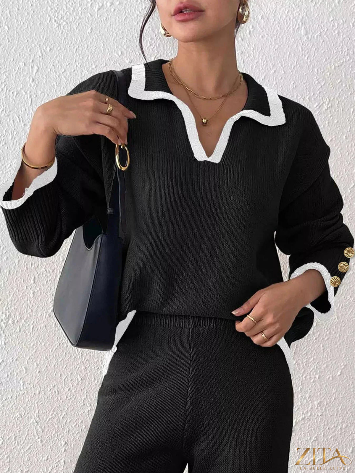 Zita La Belle Elite contrast trim polo collar sweater in soft knit with striped accents on collar and cuffs.