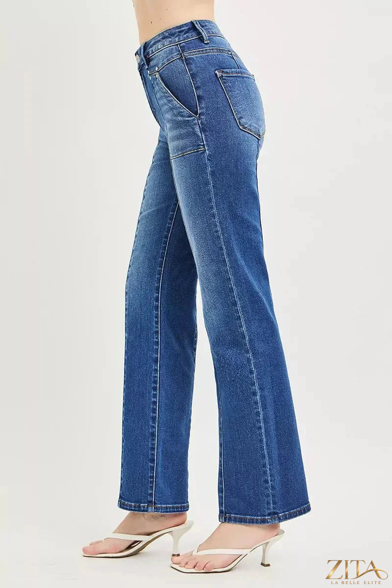 Zita La Belle Elite RISEN high-rise straight patch pocket seamed jeans, denim with visible stitching and classic fit.