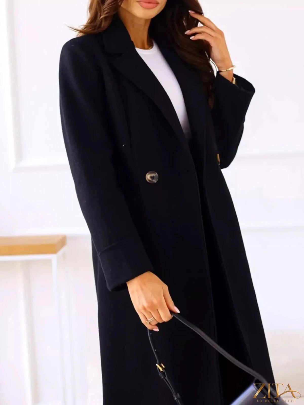 Zita La Belle Elite wool blend overcoat with lapel collar, stylish and warm outerwear for cold weather, shown in the image.