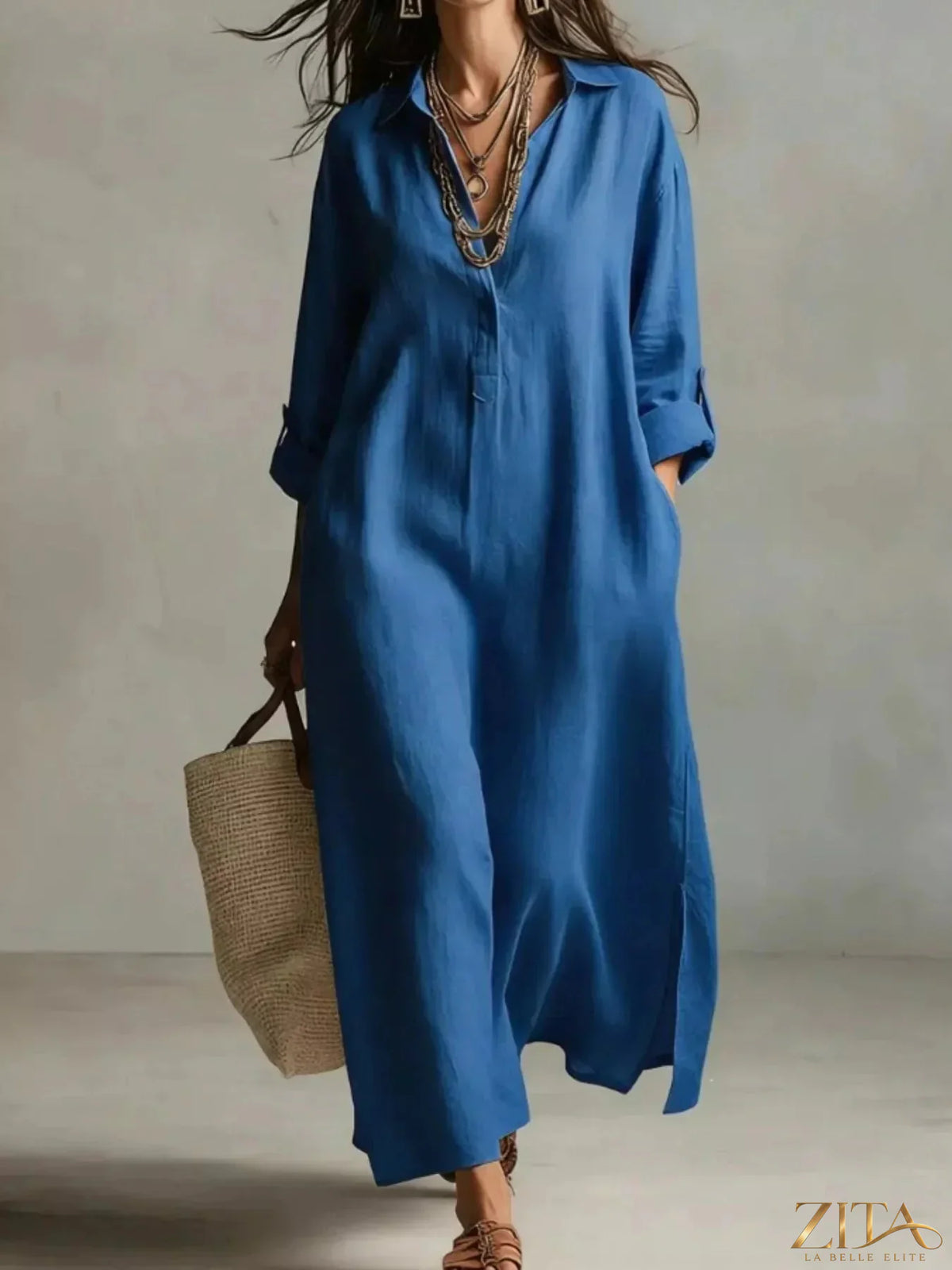 Plus size Zita La Belle Elite casual midi shirt dress, full-length, relaxed fit, button-front, and classic collar.