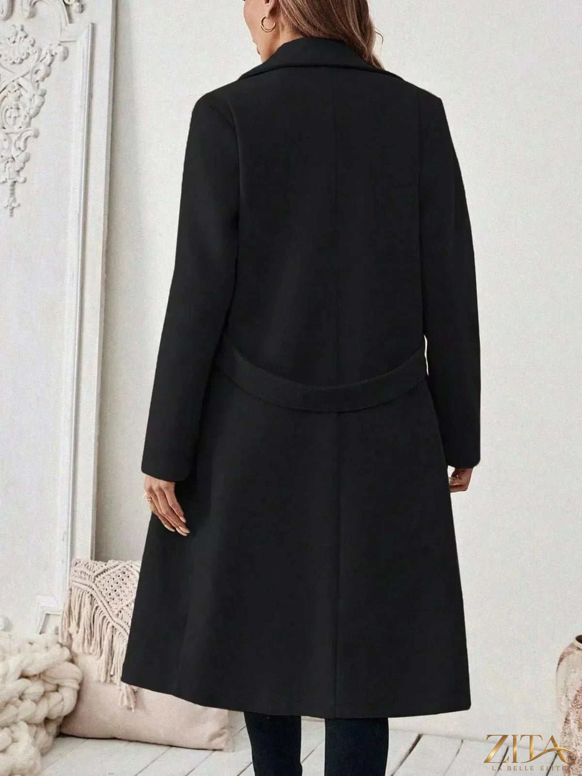 Zita La Belle Elite single-button longline coat in neutral fabric, displayed on a model with a high collar and tailored fit.