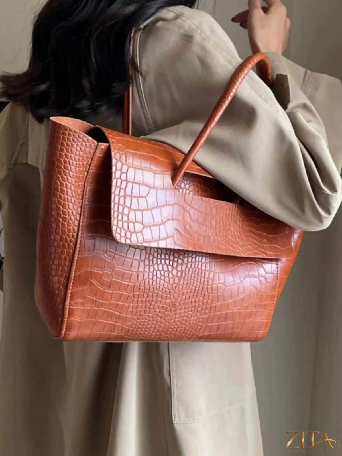 Zita La Belle Elite crocodile embossed tote bag with sturdy handles and spacious interior, stylish accessory for everyday use