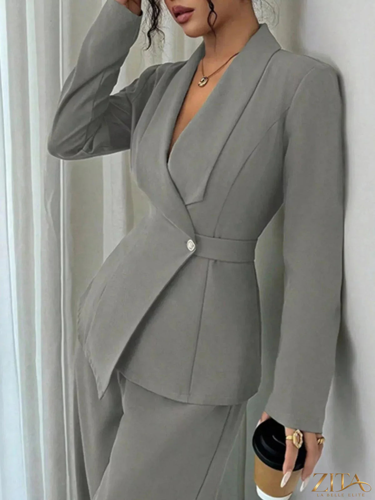 Zita La Belle Elite one button blazer and matching pants set, tailored fit, in a sleek fabric, shown on a model.