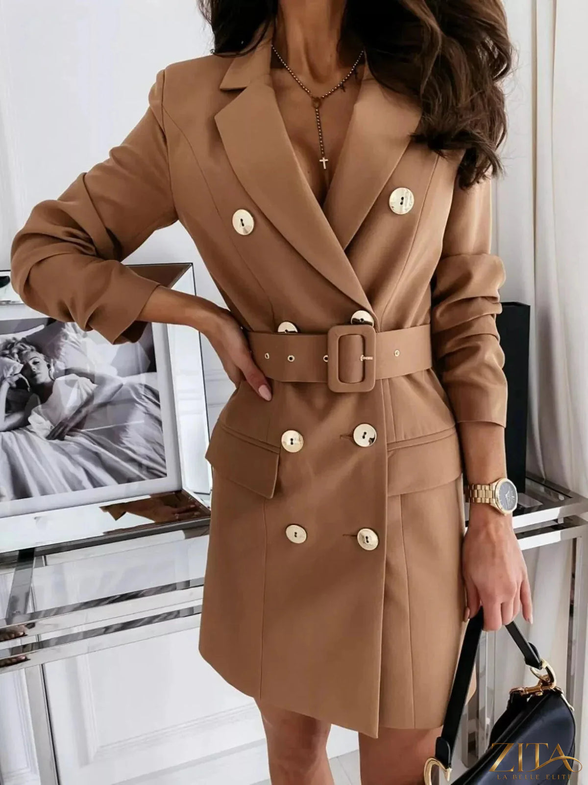 Zita La Belle Elite double-breasted belted blazer dress in black, featuring a tailored fit and stylish lapel collar.