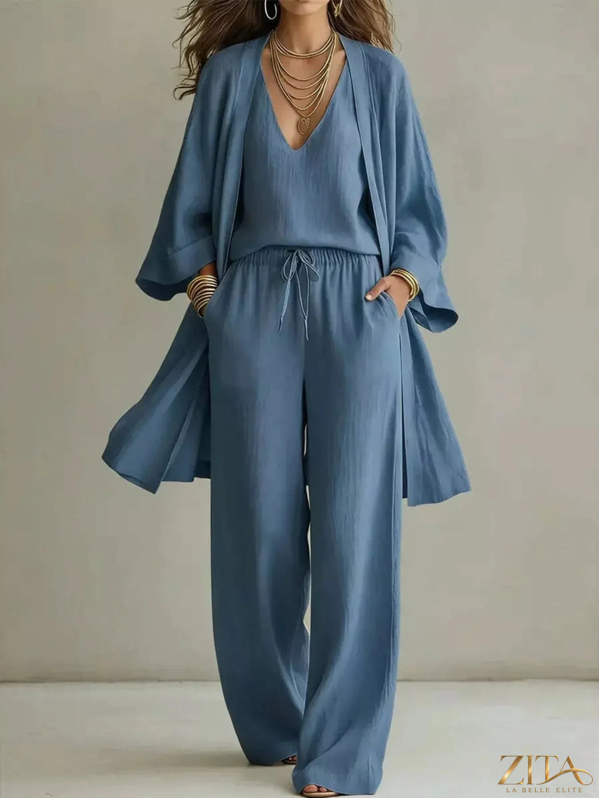 Zita La Belle Elite two-piece V-neck top and cardigan with matching pants, stylish three-piece set for casual or office wear.