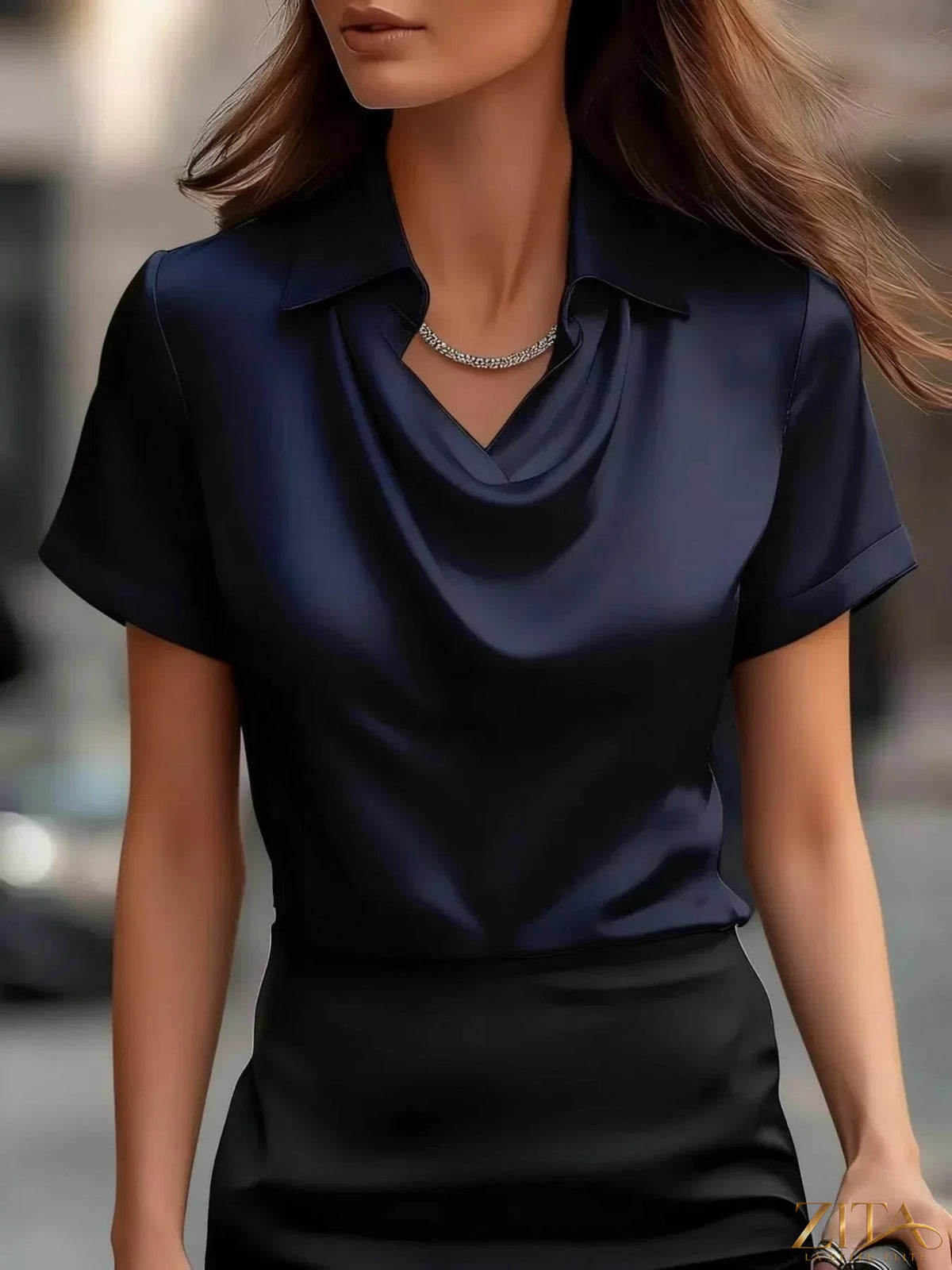 Plus size satin cowl neck blouse by Zita La Belle Elite, showcasing a smooth, shiny fabric and elegant draped neckline.