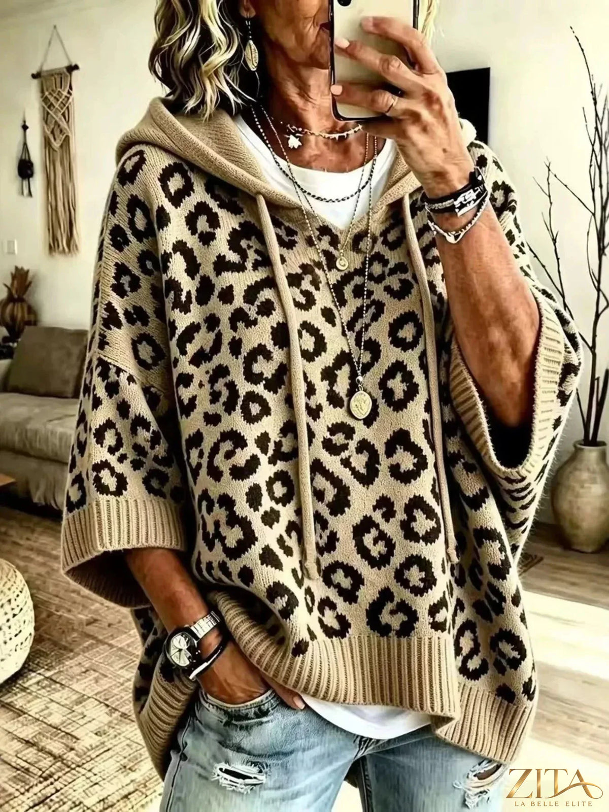 Zita La Belle Elite leopard print hooded sweater with drawstring details, soft fabric, and a stylish, casual fit.