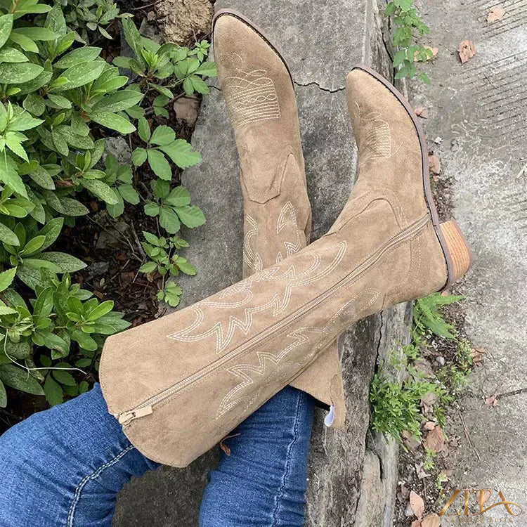 Zita La Belle Elite point toe block heels boots in black leather, showcasing sleek design and sturdy chunky heel.