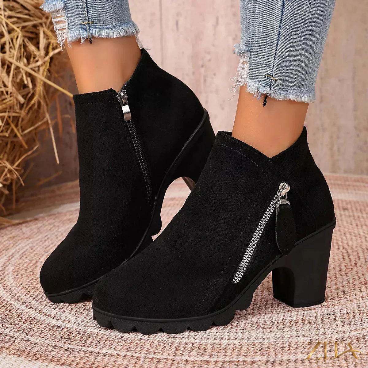 Zita La Belle Elite round toe block heel ankle boots in black leather, featuring a sleek design and sturdy heel for stylish comfort.