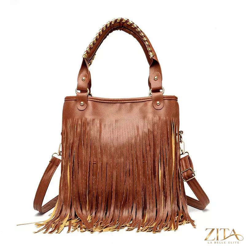 Zita La Belle Elite fringe PU leather handbag with tassel details and gold-tone hardware on a neutral background
