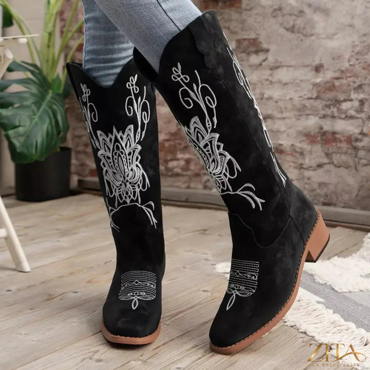 Zita La Belle Elite embroidered block heels boots featuring intricate embroidery and stylish design with a chunky heel.