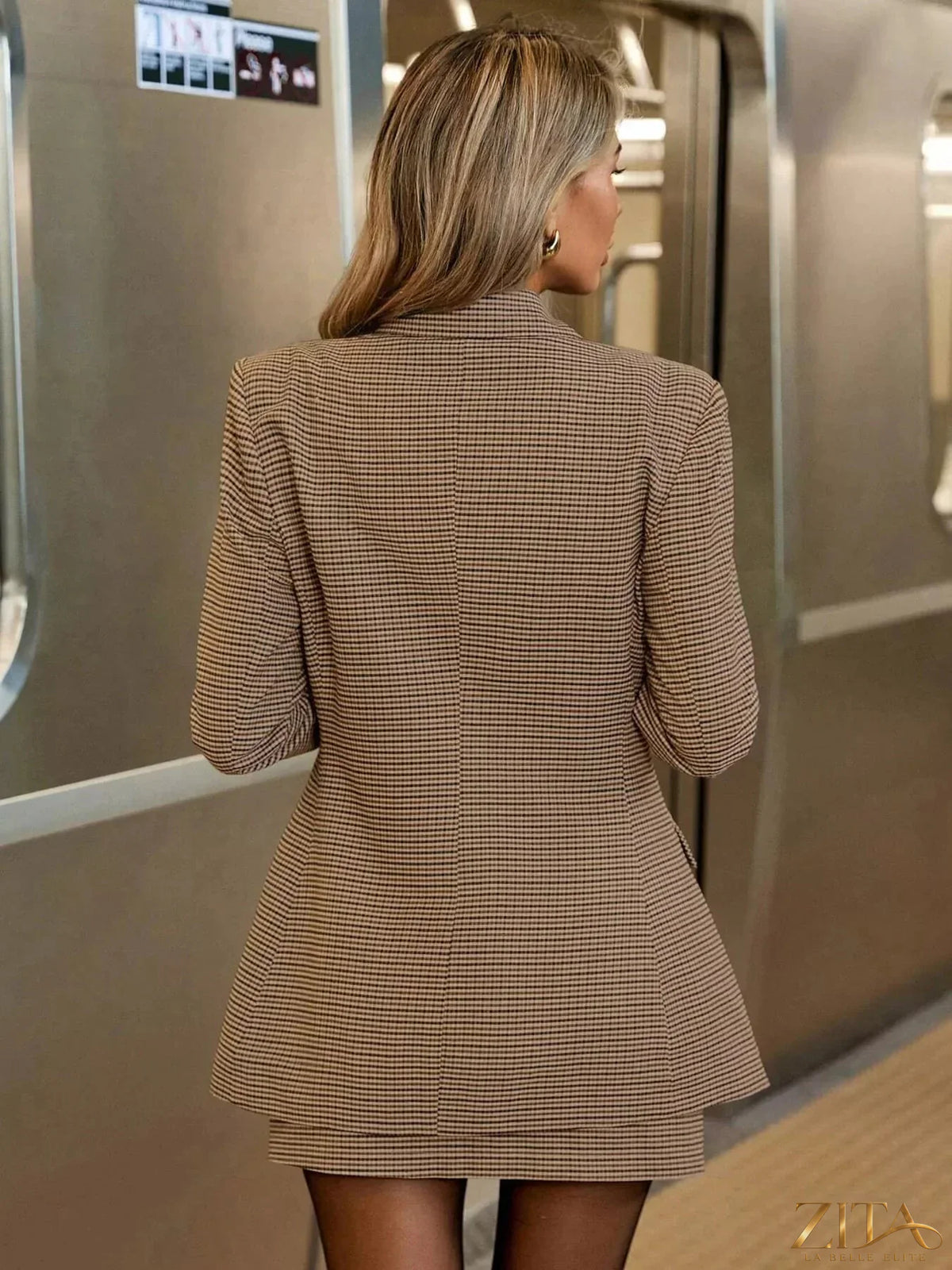 Zita La Belle Elite plaid blazer and skirt set, single-breasted with classic pattern, stylish formal outfit for women.