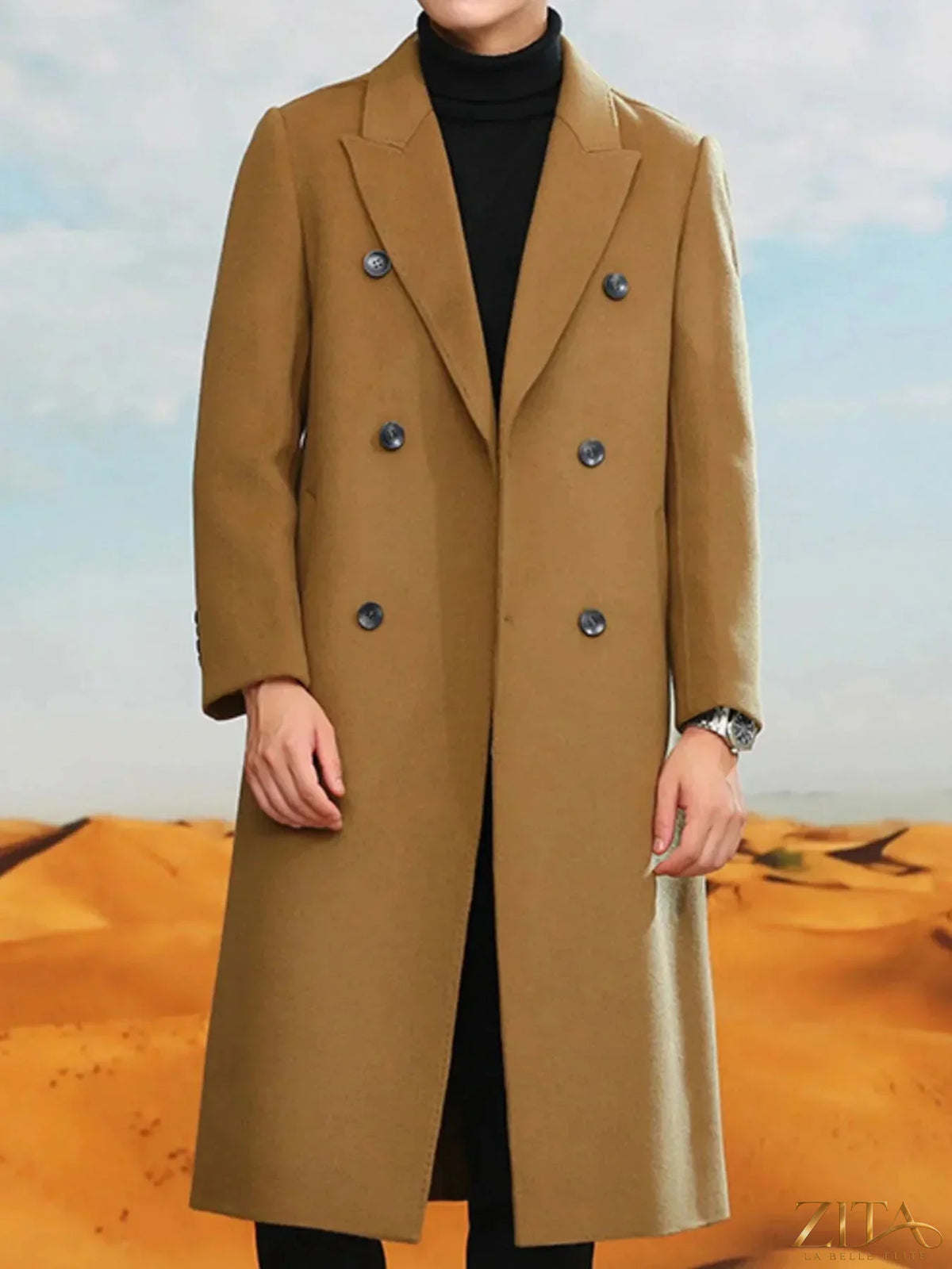 Men's plus size double-breasted longline coat by Zita La Belle Elite, featuring a tailored fit and classic design.