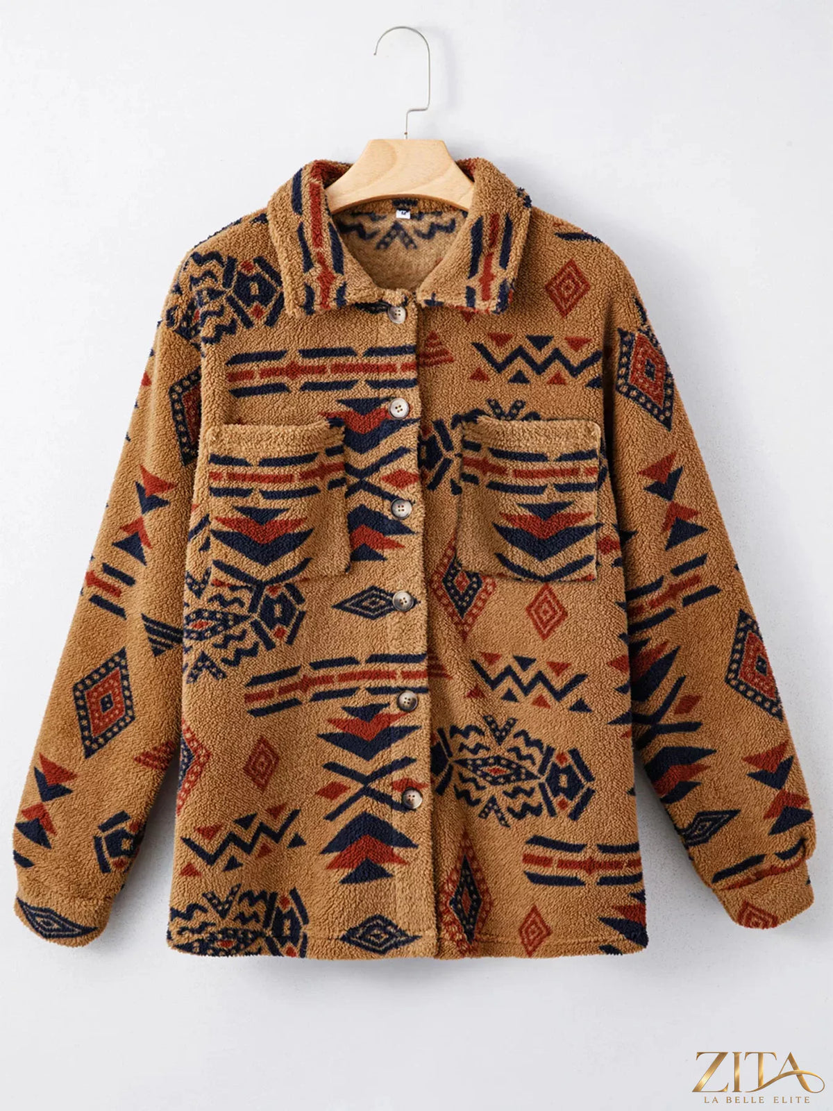Zita La Belle Elite Western Aztec pattern fleece button-up shacket with bold geometric design and cozy fabric.