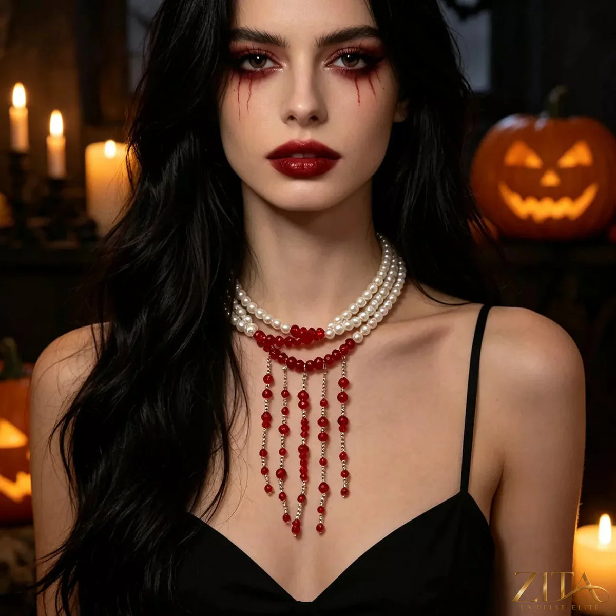 Gothic multi-layered beaded necklace with black and metallic beads, featuring a bold, layered design and intricate details.