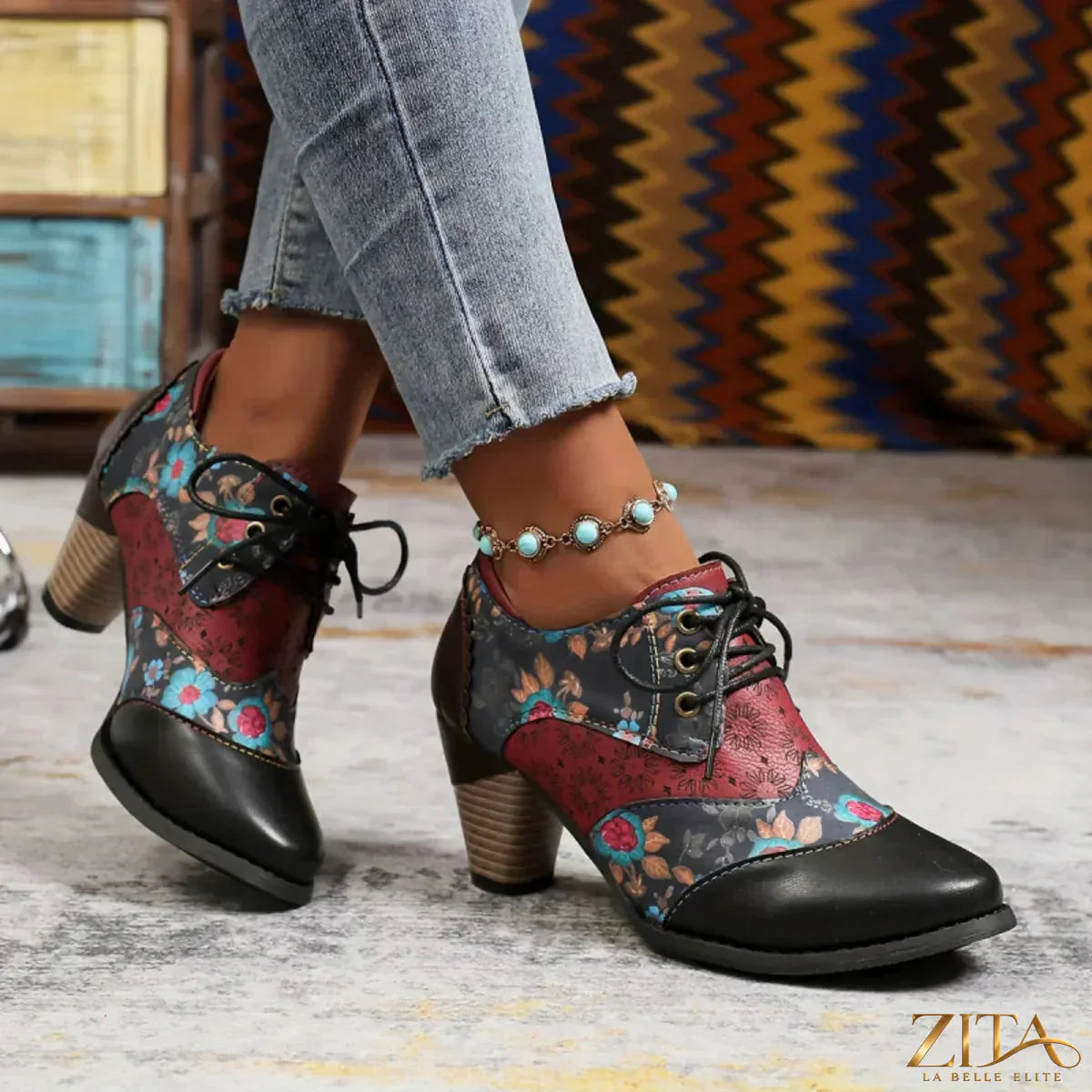 Zita La Belle Elite point toe block heels ankle boots with sleek design and smooth black leather finish.