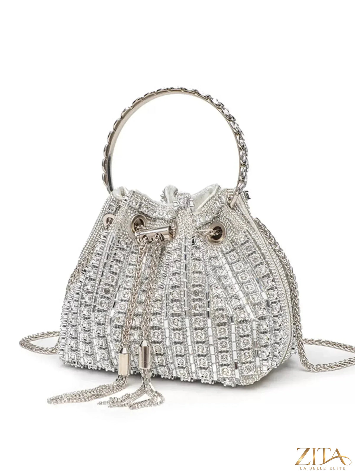Zita La Belle Elite holiday party rhinestone embellished bucket crossbody handbag with sparkling details and gold-tone hardware.