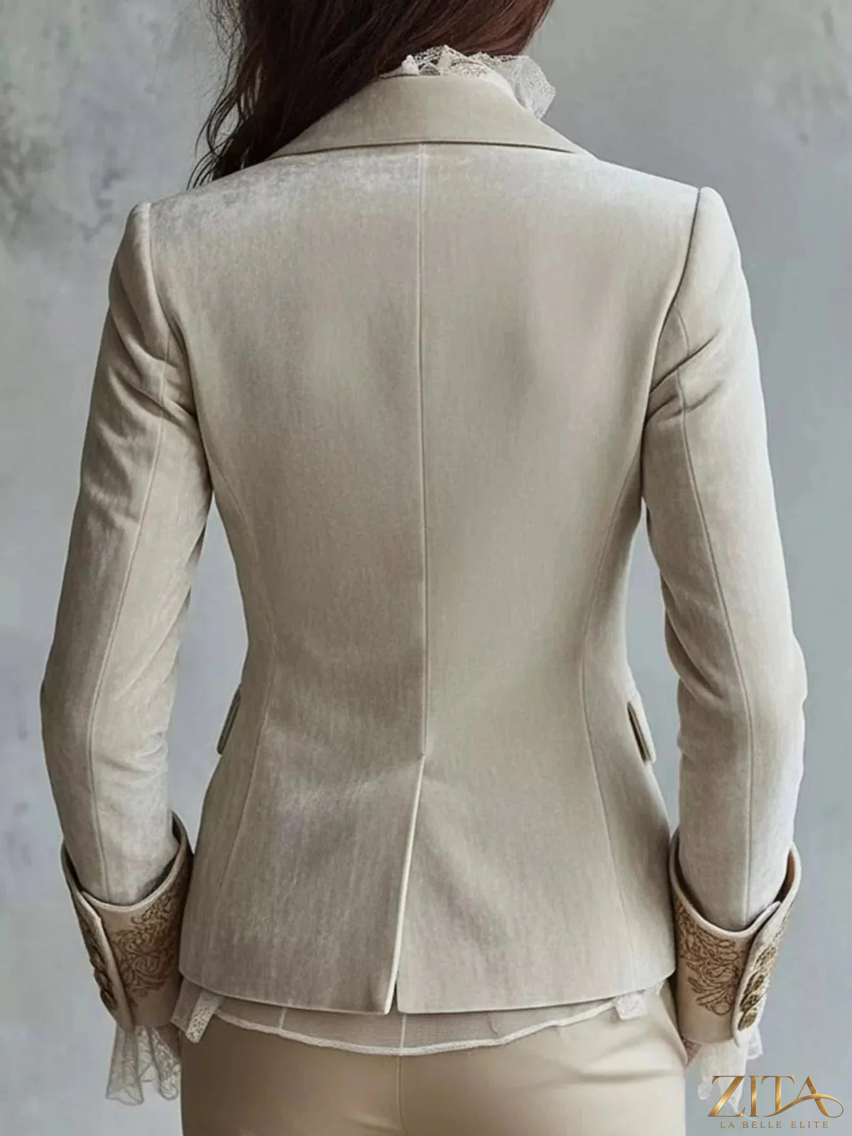 Velvet long sleeve blazer with intricate embroidery by Zita La Belle Elite, stylish and elegant for formal or evening wear.