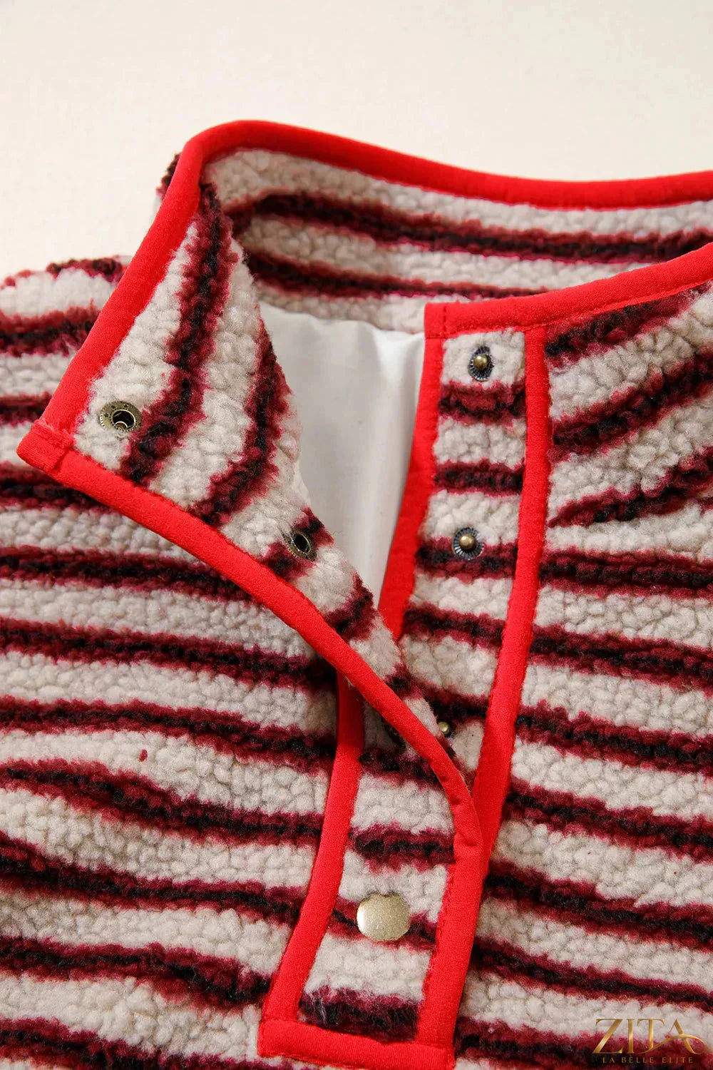 Zita La Belle Elite striped fuzzy colorblock button placket sweatshirt with cozy knit fabric and vibrant color accents.