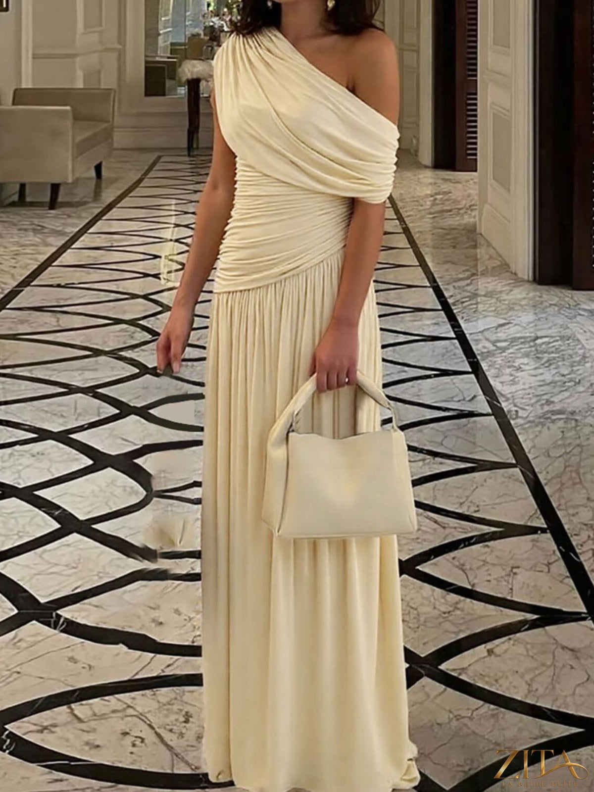 Zita La Belle Elite one-shoulder ruched maxi dress in elegant fabric, featuring a fitted bodice and flowing skirt.