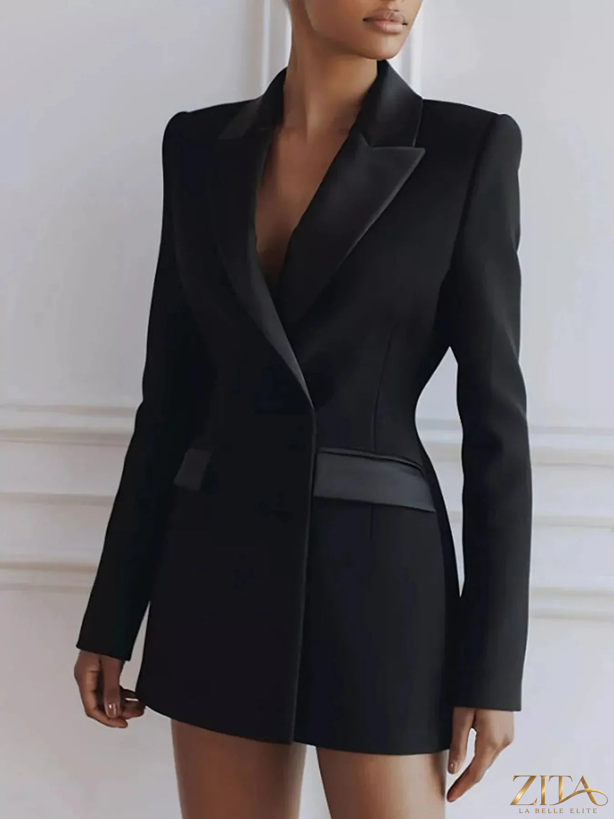 Zita La Belle Elite satin lapel double-breasted blazer shown on a mannequin with tailored fit and sleek design.