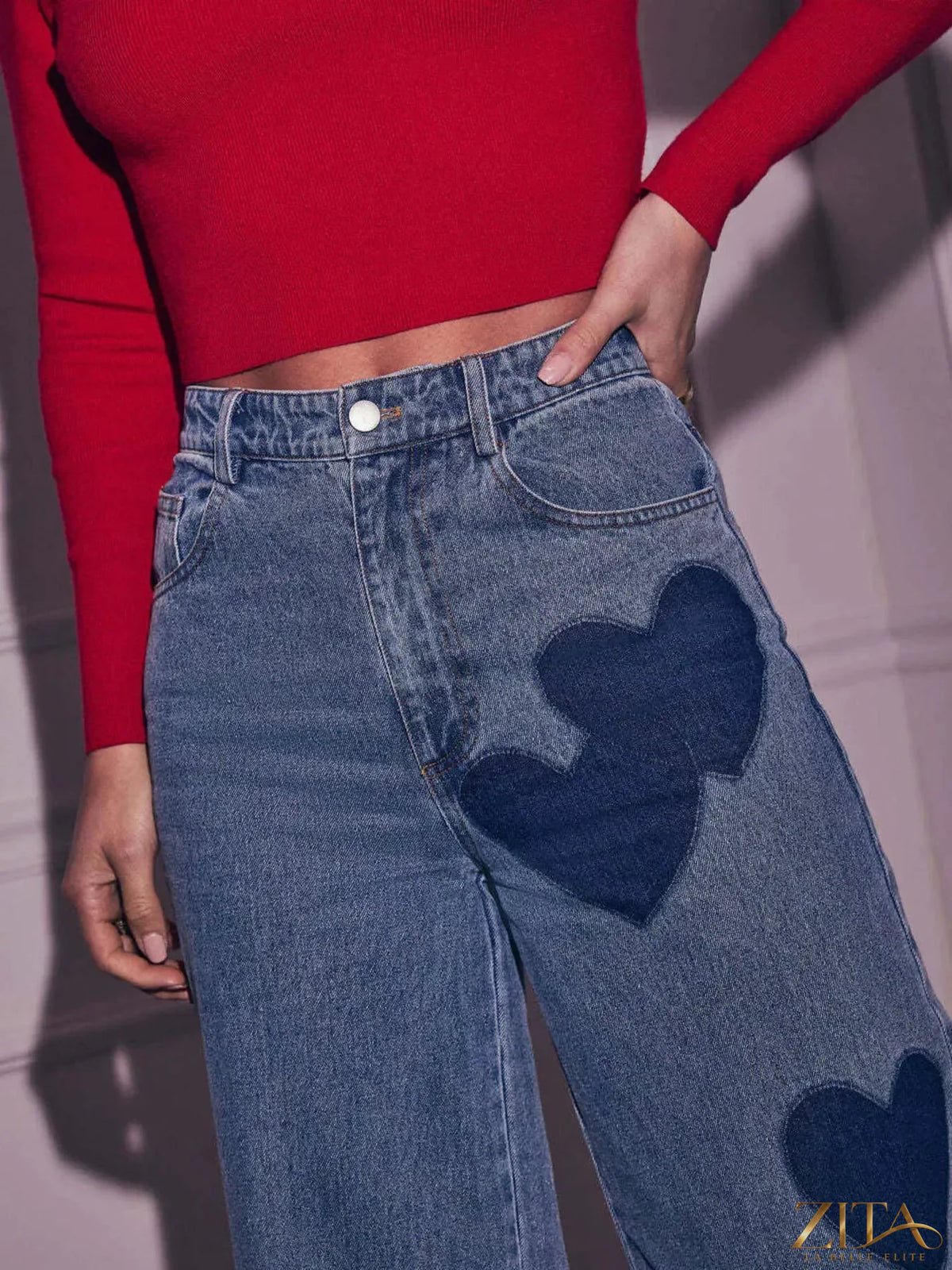Zita La Belle Elite Heart High Waist Wide Leg Jeans displayed on a model, showcasing the stylish fit and design of the denim.