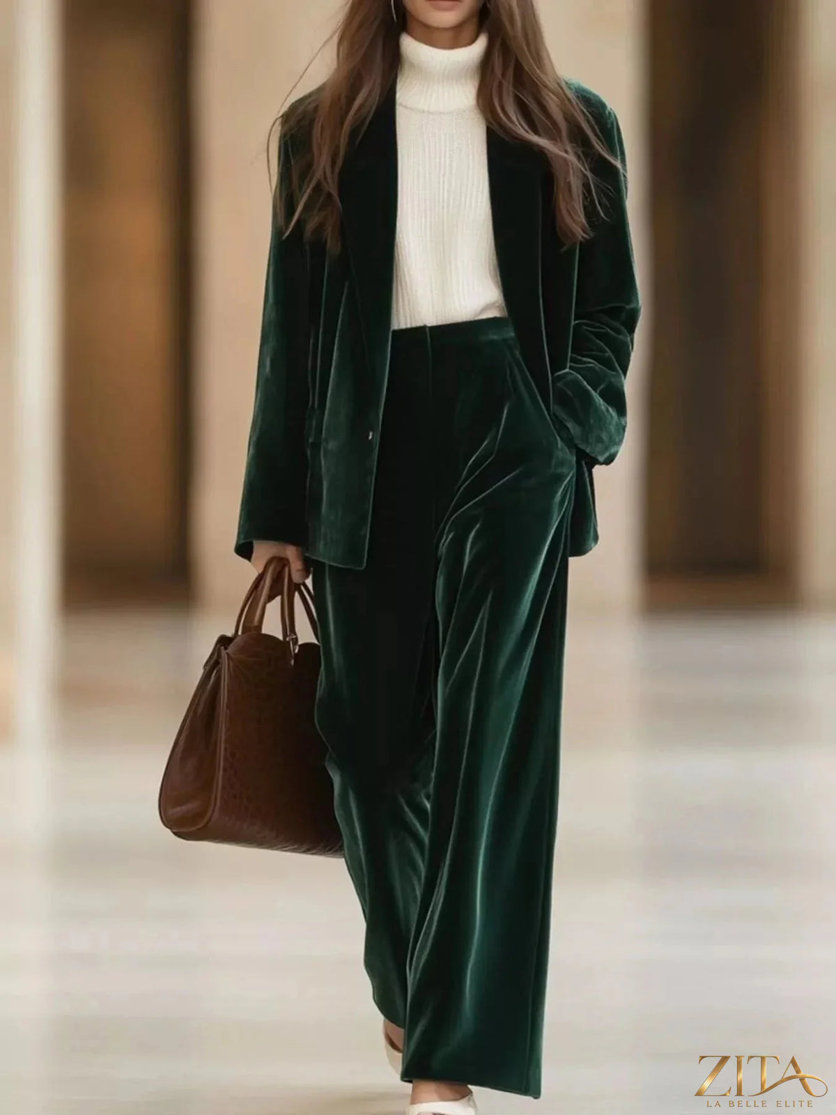 Velvet blazer and wide-leg pants two-piece set by Zita La Belle Elite, featuring a stylish, tailored design in rich velvet fabric.