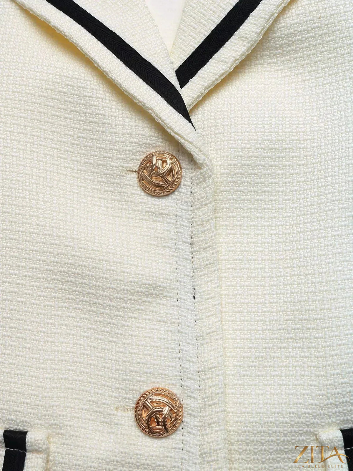 Zita La Belle Elite contrast trim button-up blazer featuring structured fit and stylish lapel, shown in navy with white contrast trim.