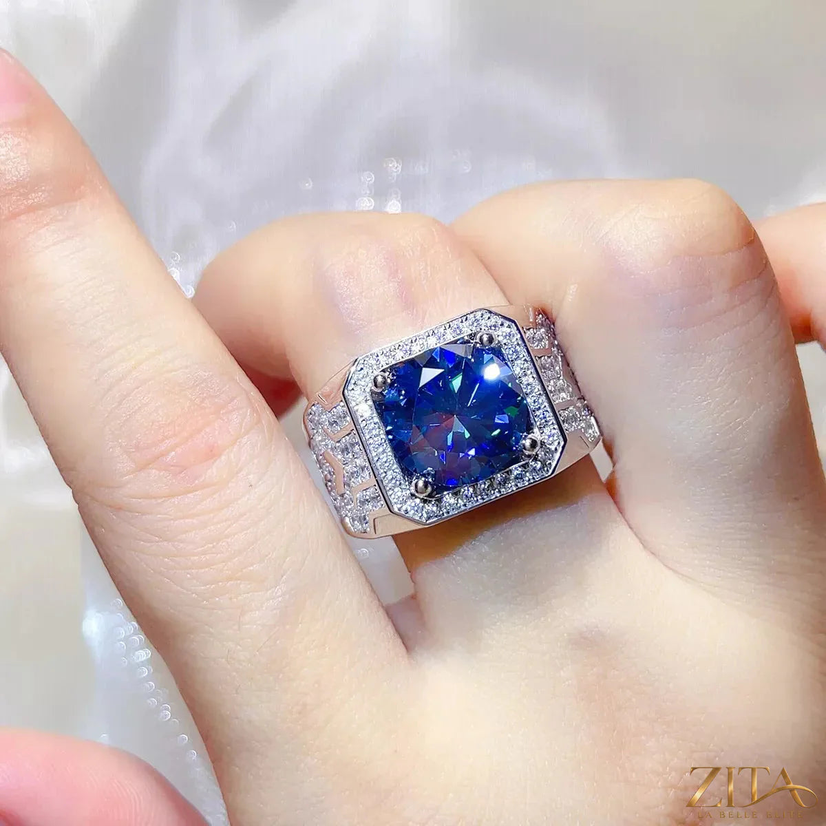 925 sterling silver moissanite ring with a 5-carat center stone, showcasing a sparkling, elegant design.