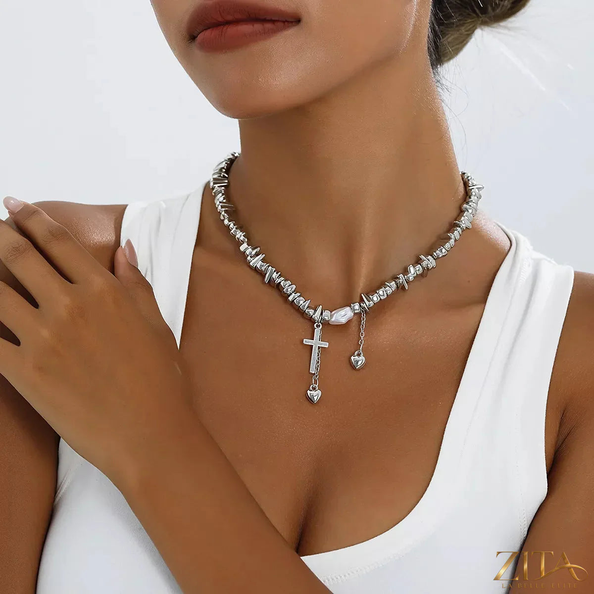 Zita La Belle Elite chunky chain cross pendant necklace featuring a bold metal chain and a detailed cross charm.