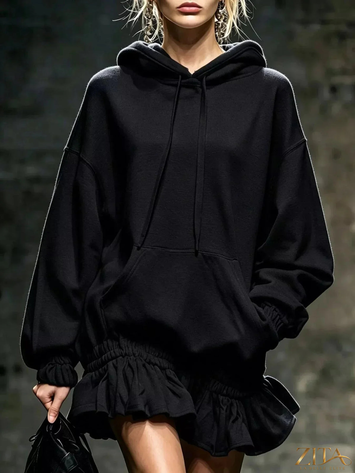 Zita La Belle Elite casual chic hoodie sweatshirt mini dress with ruffled hem, soft fabric and relaxed fit, stylish and comfortable.