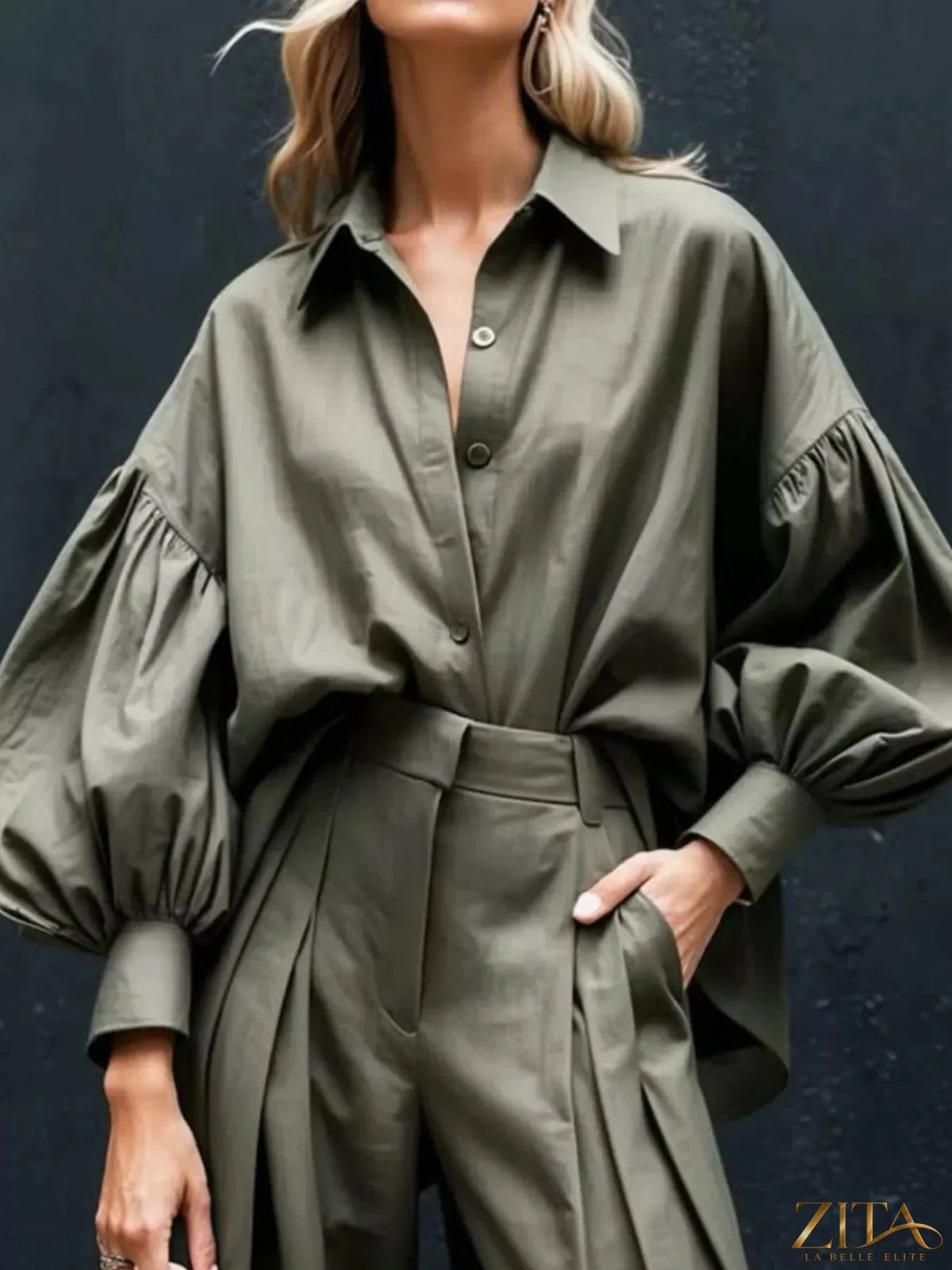 Zita La Belle Elite lantern sleeve shirt and wide-leg pants set, featuring a stylish design and comfortable fit.