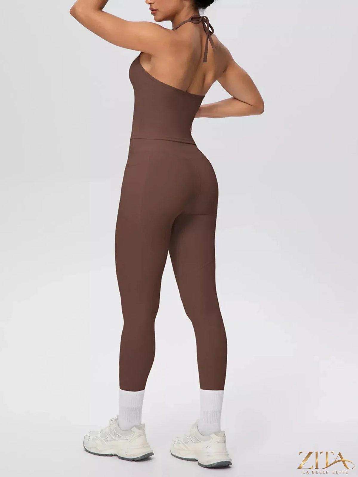 Zita La Belle Elite halter neck cami and high-waisted leggings active set in black, displayed on a model for activewear fashion.
