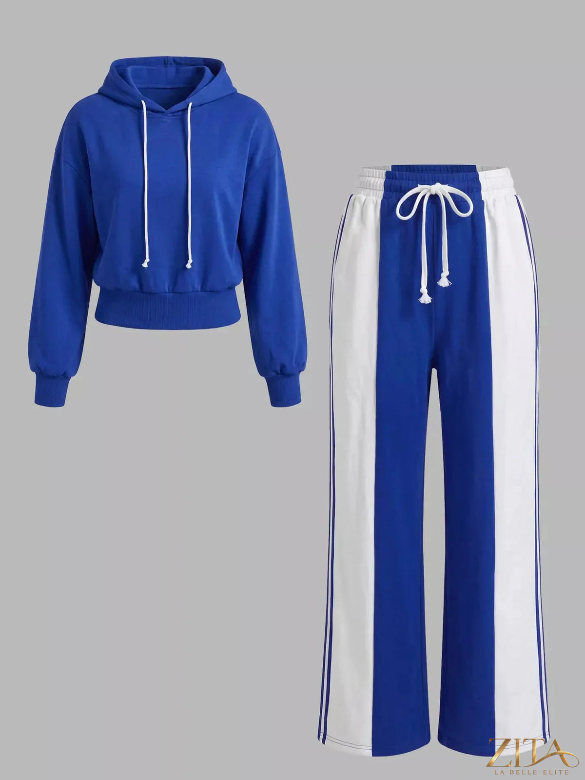 Zita La Belle Elite drawstring hoodie with color-block design paired with wide-leg pants in a matching set.