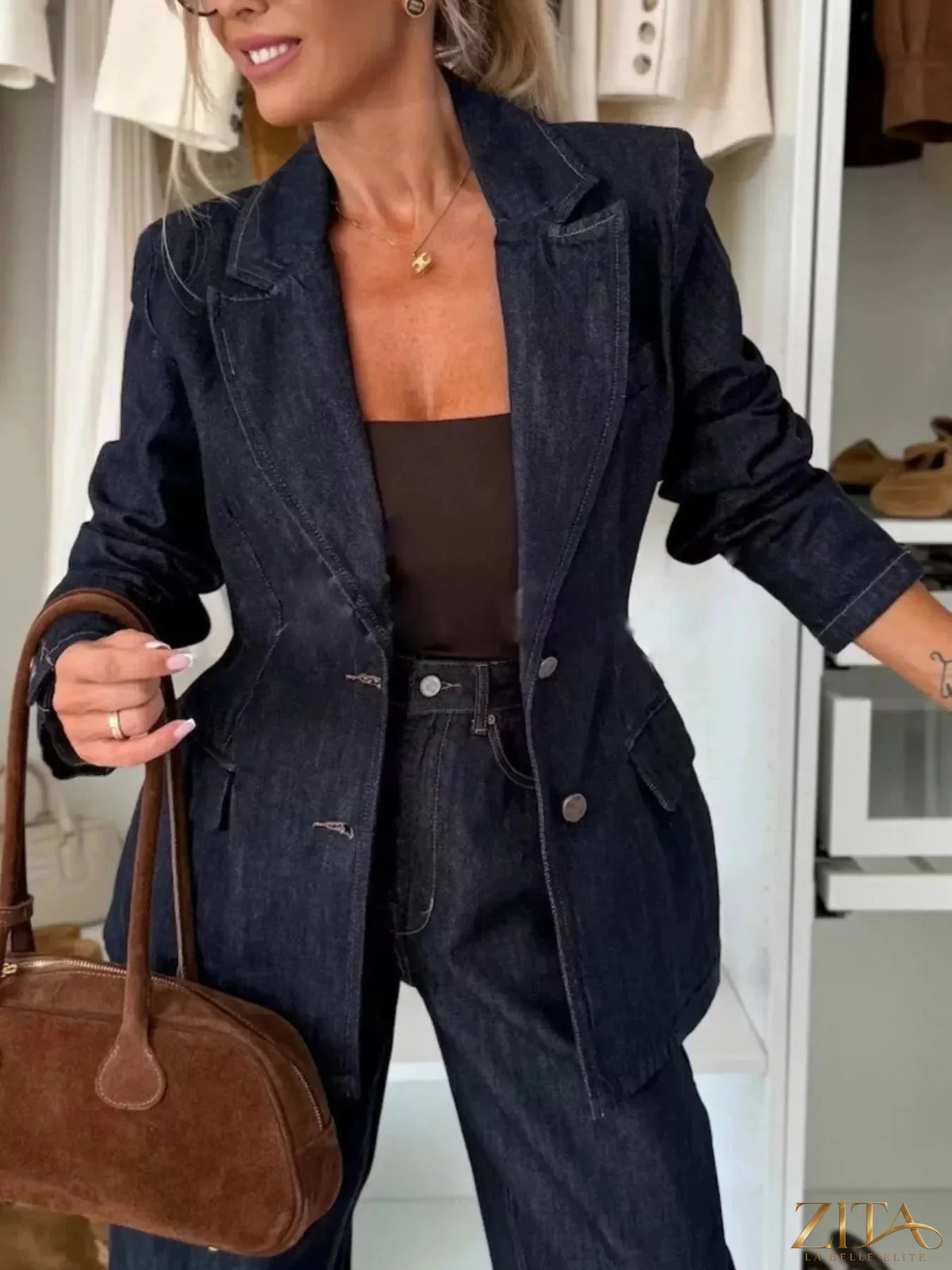 Zita La Belle Elite single-breasted washed denim blazer with tailored fit and classic collar on a model.