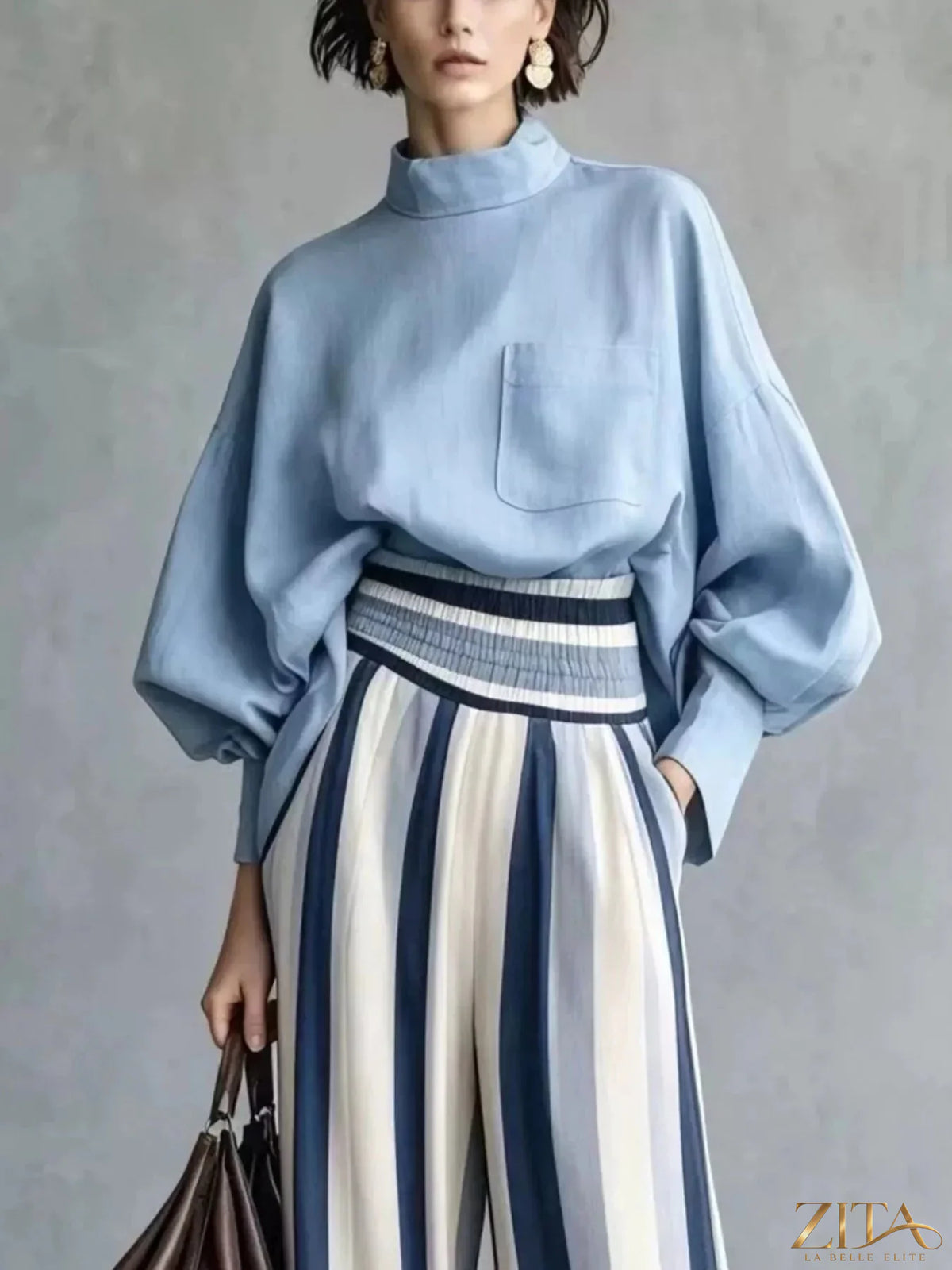Plus size Trendsi full-size mock neck top paired with striped wide-leg pants, styled for a comfortable, fashionable look.