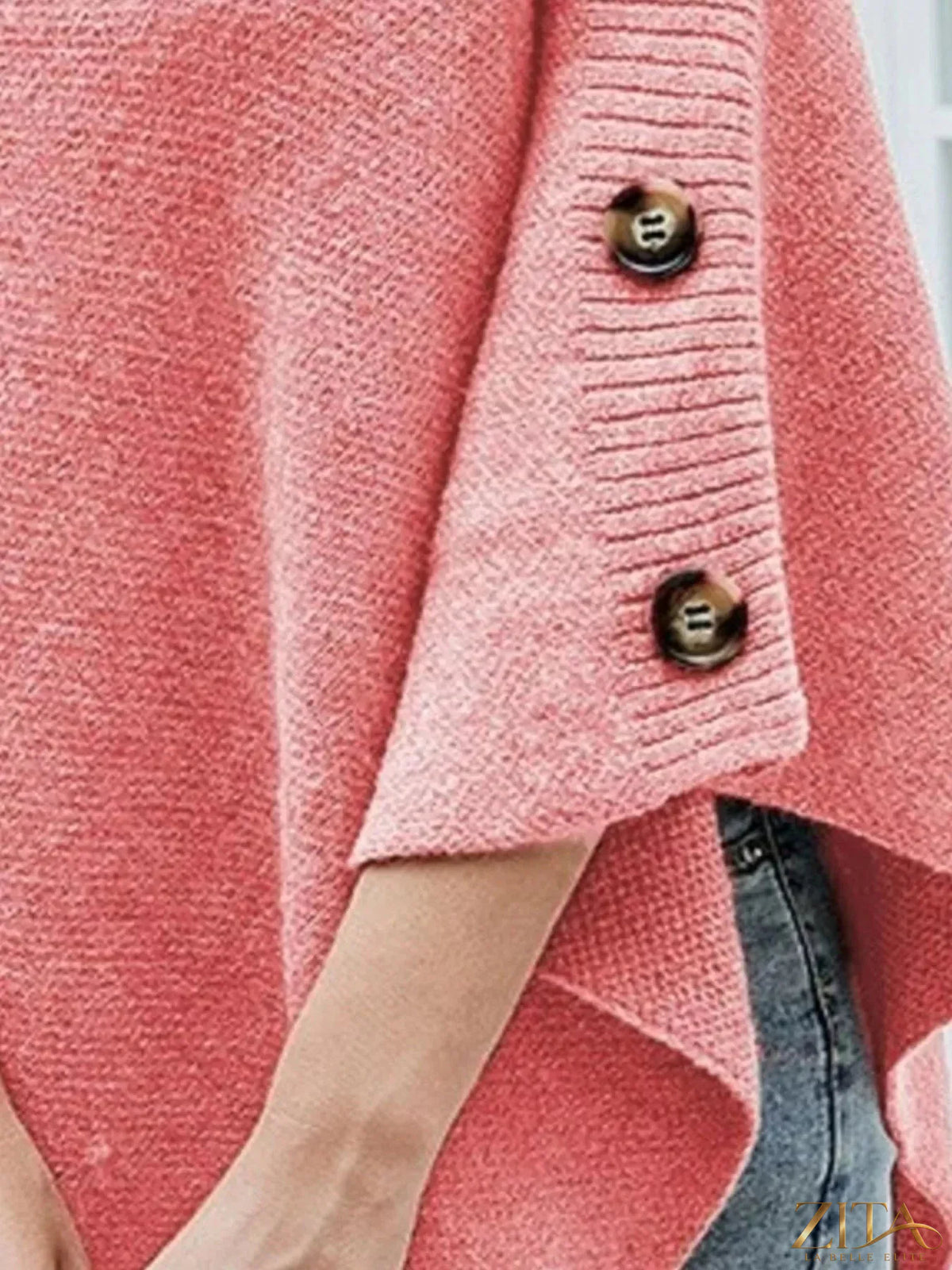Zita La Belle Elite Button-Decor Turtleneck Poncho Pullover in cozy knit fabric with decorative buttons and a high turtleneck.