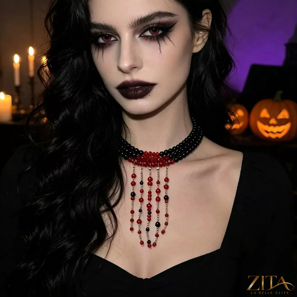Gothic multi-layered beaded necklace with dark beads and intricate design, stylish jewelry by Trendsi.