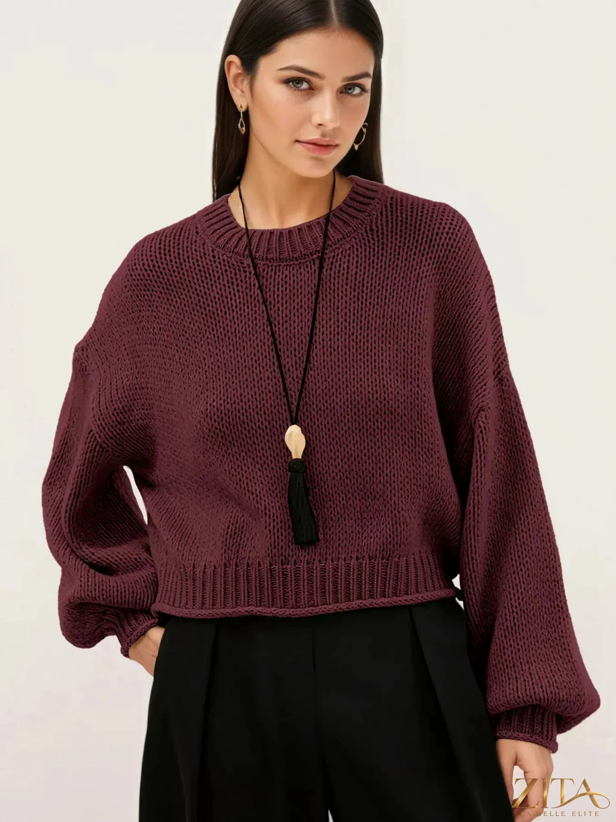 Oversized chunky knit sweater in neutral tones from Trendsi, featuring a cozy, textured knit design for casual comfort.