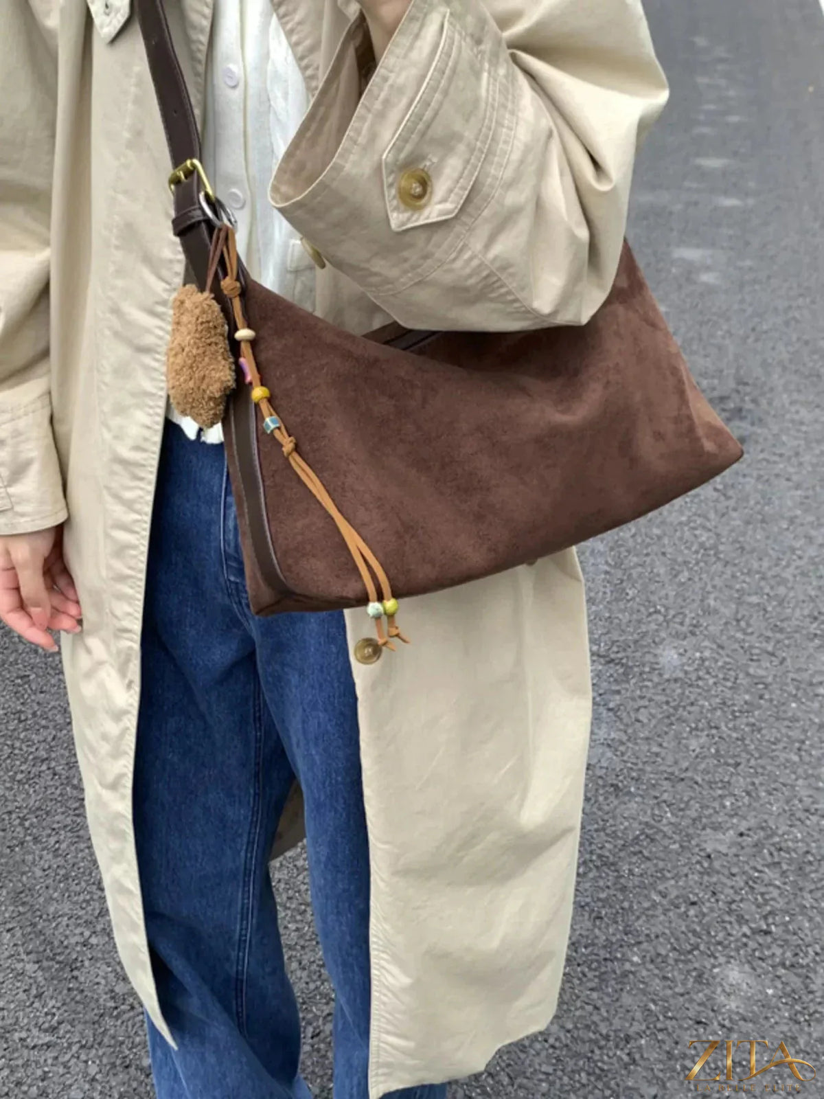 Zita La Belle Elite solid color suede hobo crossbody bag with a relaxed, stylish design and adjustable strap.