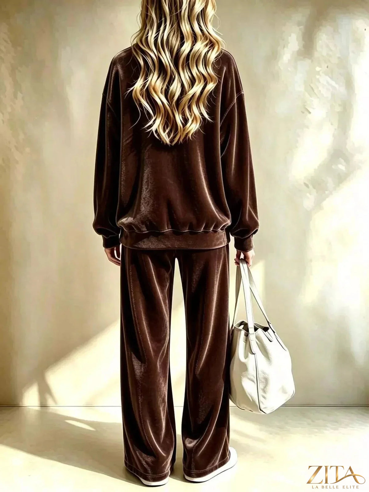 Plus size velvet dropped shoulder top and wide-leg pants set by Zita La Belle Elite, styled for a chic, relaxed look.