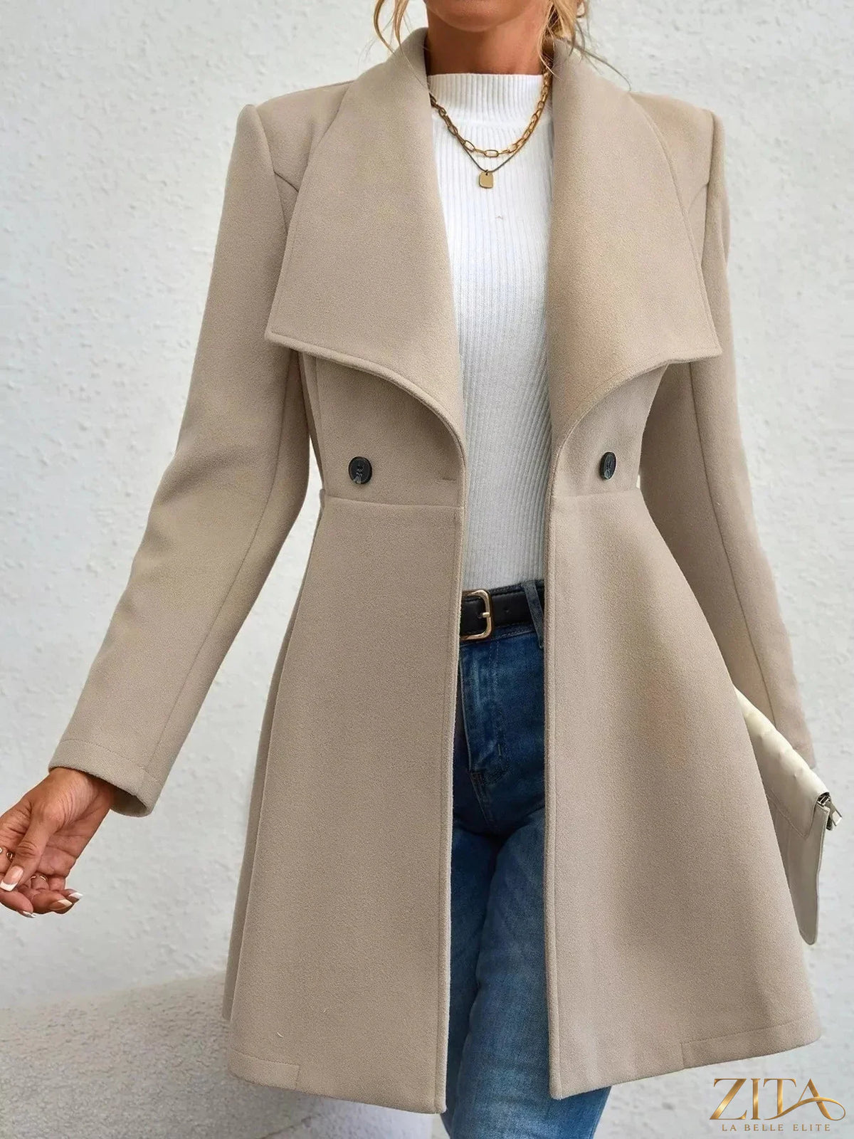 Zita La Belle Elite double-breasted wool blend coat showing tailored fit, classic collar, and button details on a neutral background.