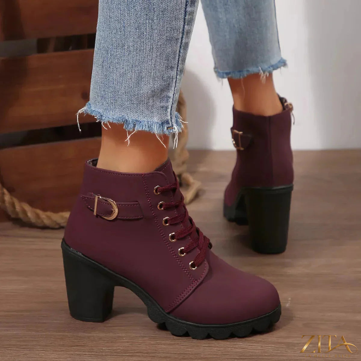 Zita La Belle Elite lace-up buckle chunky heel ankle boots with stylish design, featuring chunky heels and buckle accents.