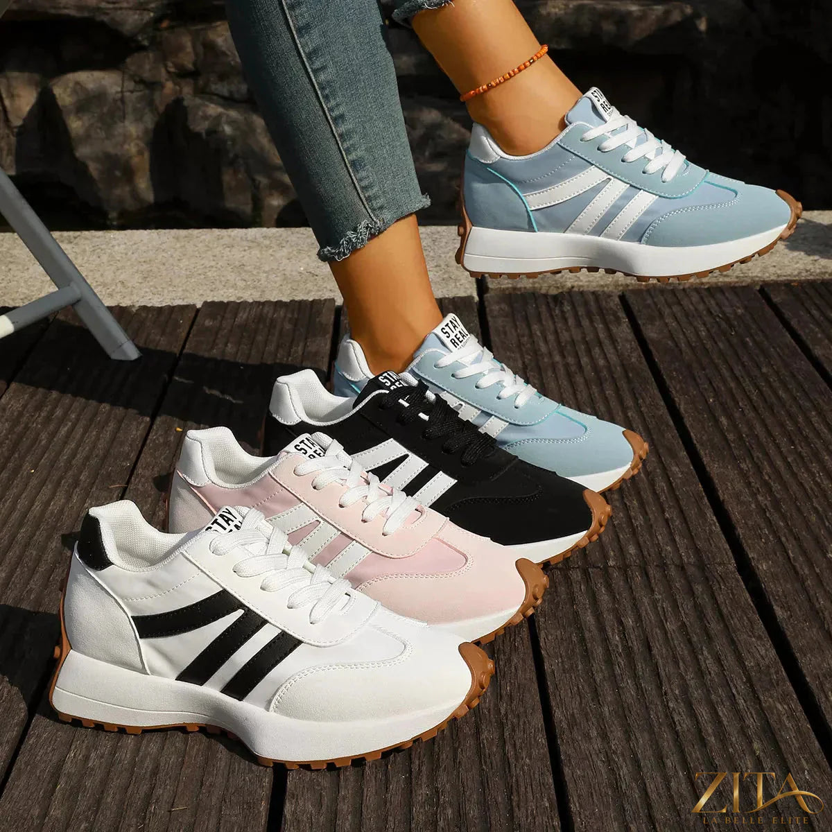 Zita La Belle Elite round toe lace-up sneakers with white soles and stylish design, perfect for casual wear.