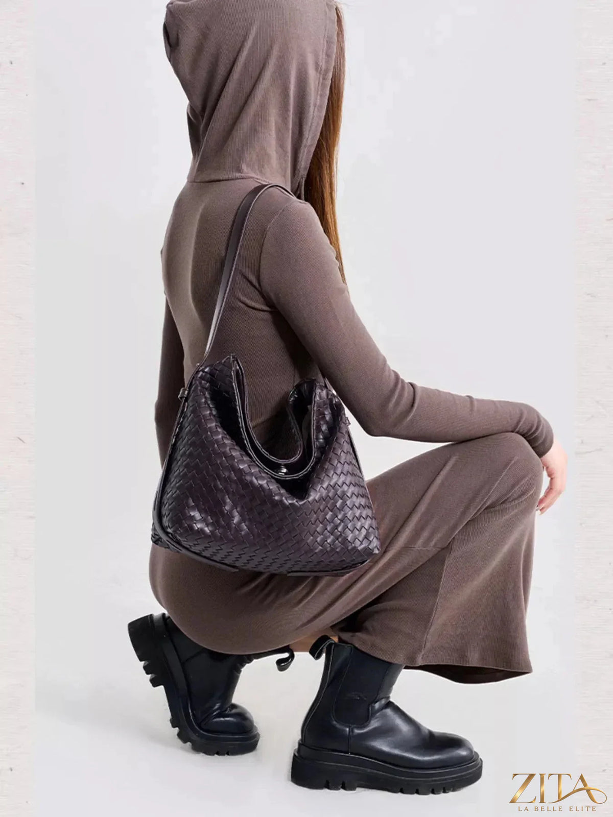 Woven leather hobo shoulder bag by Zita La Belle Elite featuring a textured design and spacious interior.