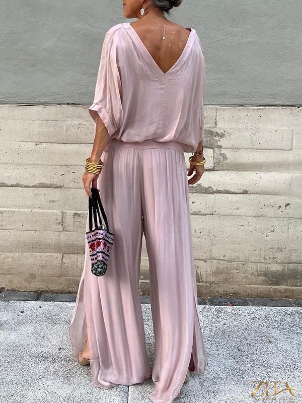 Zita La Belle Elite solid-color chiffon two-piece casualwear set with long sleeves and matching pants in various colors, size S to 5XL.