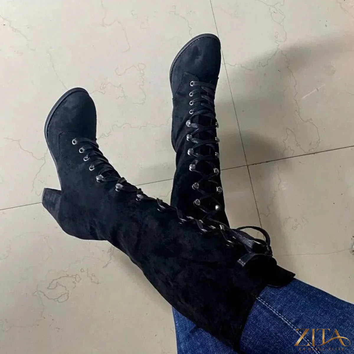 Zita La Belle Elite lace-up block heel boots featuring black leather, chunky heels, and stylish ankle height.